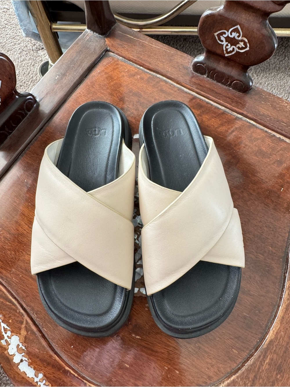 UGG Cream Cross-Band Slide Sandals with Black Footbed
